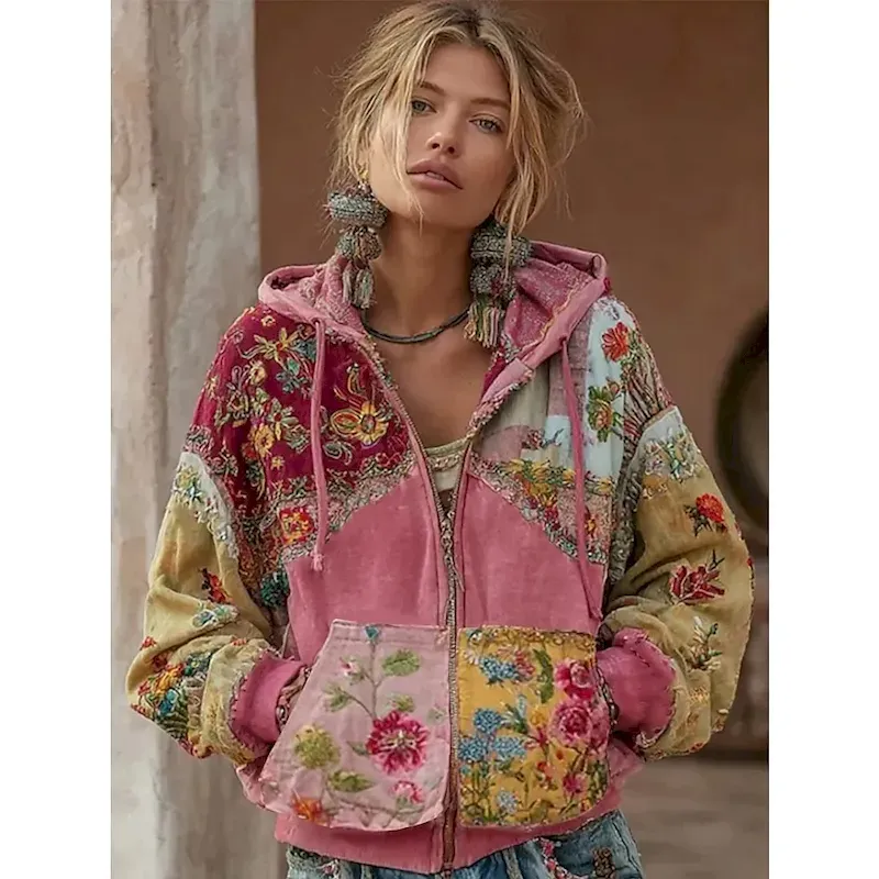 Women's 3D Print Vintage Boho Hoodie Patchwork Hoodie Sweatshirt Floral Zip Up s Vintage Fashion Casual Long Sleeve Hooded Street Dailywear Casual Patchwork Zipper Pocket Red Blue Spring Fall