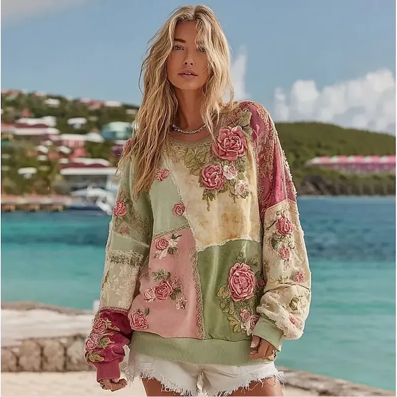 Women's 3D Print Vintage Boho Hoodie Patchwork Hoodie Sweatshirt Floral Pullover Sweatshirt Warm Active Vintage Street Dailywear Casual Light Pink Yellow Light Green Pink Red Spring Fall Winter - Image 3