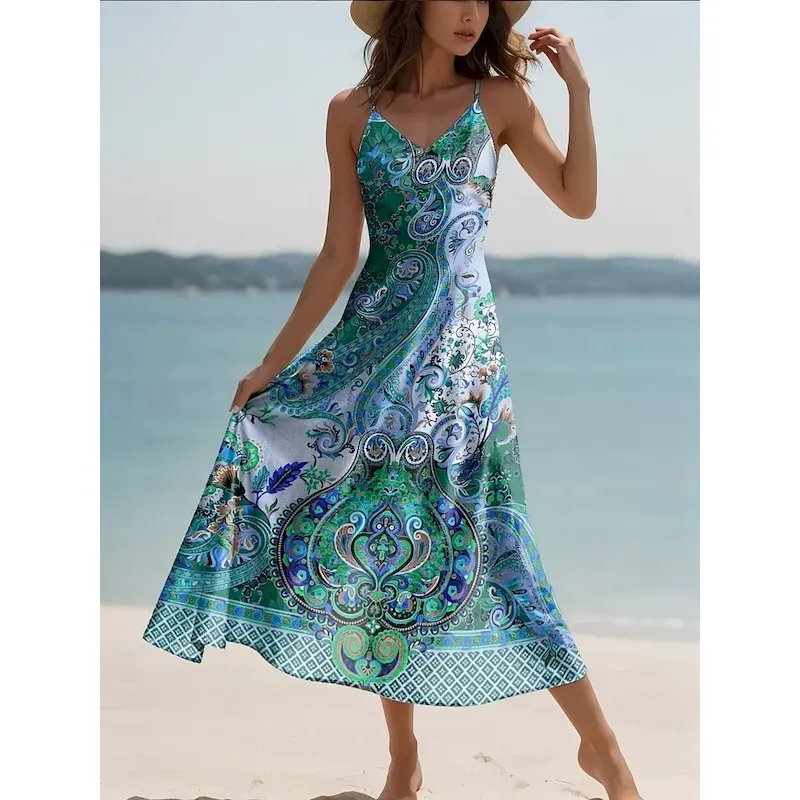 Women's Maxi Dress Casual Dress A Line Dress Vacation Vintage Ethnic Daily Regular Fit Graphic Vintage Bohemian Sleeveless V Neck Pink Blue Purple Green Summer Spring Fall - Image 5