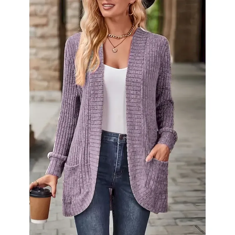Women's Casual Jacket Comfortable Breathable Pocket Casual Plain Vacation Street Daily Wear Going out Open Front Regular Collarless Regular Fit Long Sleeve Outerwear Wine Sky Blue Purple Spring Fall - Image 2