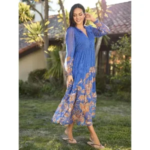 Chiffon Tropical Flowers Puff Sleeve Boho Dress