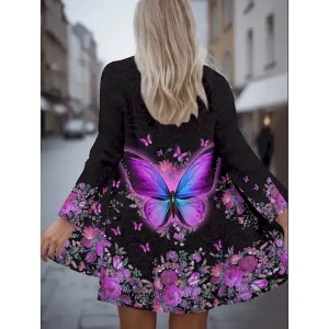 Women's Coat Warm Lightweight Print Fashion Butterfly Casual Regular Collarless Regular Fit Long Sleeve Outerwear Black White Beige Spring Fall