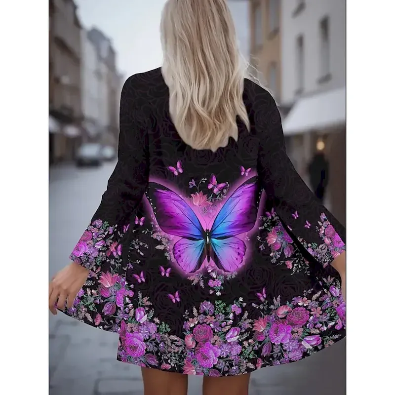 Women's Coat Warm Lightweight Print Fashion Butterfly Casual Regular Collarless Regular Fit Long Sleeve Outerwear Black White Beige Spring Fall