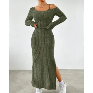 Women's Midi Dress Dress Set Sheath Dress Fashion Modern Vacation Daily Weekend Regular Fit Plain Sleeveless Off Shoulder Army Green Spring Fall