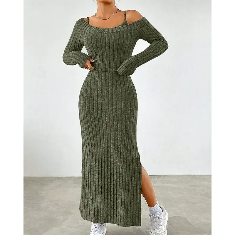 Women's Midi Dress Dress Set Sheath Dress Fashion Modern Vacation Daily Weekend Regular Fit Plain Sleeveless Off Shoulder Army Green Spring Fall