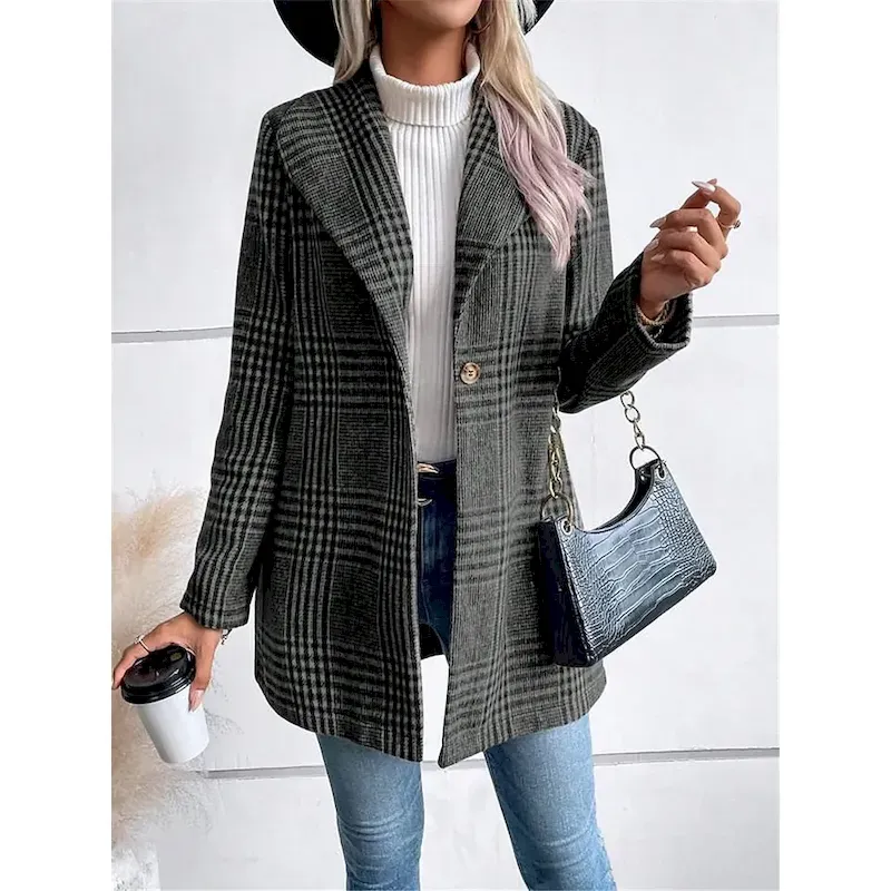 Women's Casual Jacket Outdoor Street Daily Wear Fall Winter Regular Coat Regular Fit Thermal Warm Breathable Stylish Casual Jacket Long Sleeve Stripes and Plaid with Pockets Print Red Camel Gray - Image 4