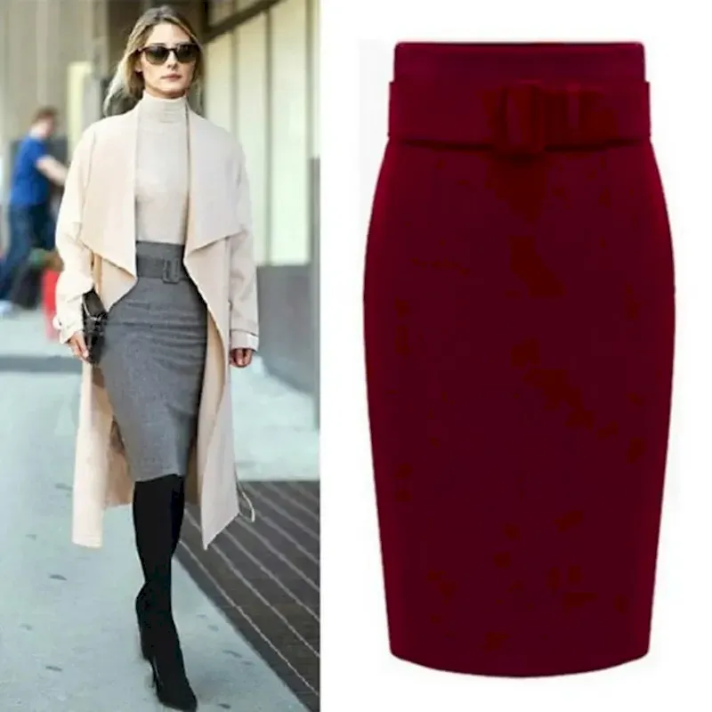 Women's Skirt Pencil Work Skirts Fashion Above Knee Skirts Solid Colored Office / Career Daily Gary Black Wine Fall & Winter Tweed Woolen - Image 3