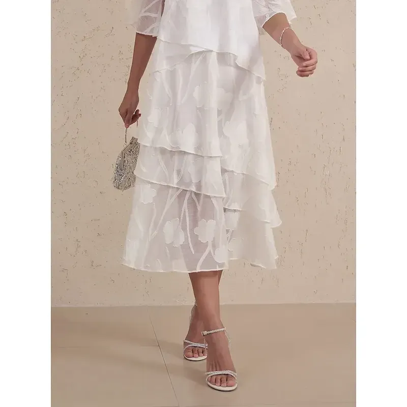 Women's Skirt Elegant Midi Mid Waist Skirts Floral Layered Inelastic Party Causal White Summer Chiffon